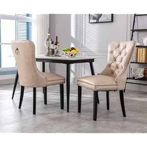 EALSON Modern Dining Chairs Set of 2 Mid Century Leather Dining Room Chairs with Wood Legs Tufted Upholstered Kitchen Side Chairs with Nail Head Trim for Dining RoomLiving Room Beige with Ring