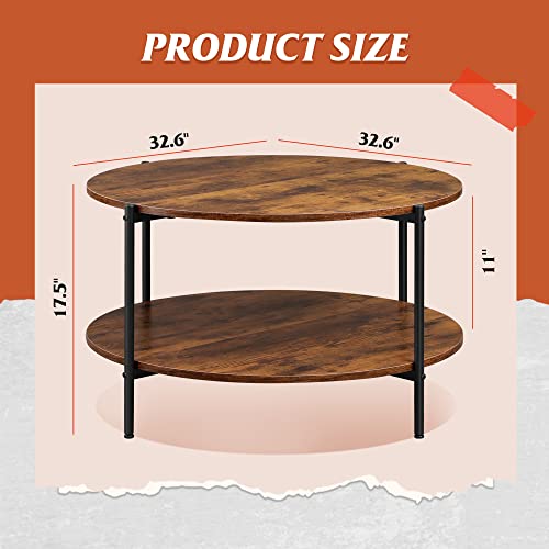 Wlive Round Coffee Table, Living Room Table With 2-Tier Storage Shelf, 32In Wood Modern Coffee Table With Metal Frame And Wood Desktop,Easy Assembly, Rustic Brown. #TOP2