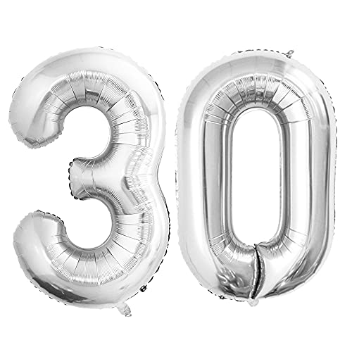 GOER Number 30 Balloons for 30th Birthday Party Decorations,42 Inch Jumbo Foil Helium Balloons for 30th Anniversary (Silver)