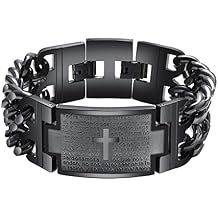 Mens Titanium Stainless Steel Lords Prayer Cross Bible Verse Bracelet Link Wristband Adjustable