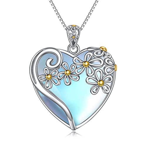 YAFEINI 925 Sterling Silver Moonstone Necklace - Filigree Heart Pendant with Flower Design - Women's Gift (G-Heart Flower Moonstone Necklace)
