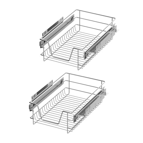 XEMQENER Heavy Duty Kitchen Pull Out Wire Baskets Base Storage Unit, Slide Out Kitchen Utensil Holder Rack Larder Drawers Origanize with Buffer (for 300mm Width, 2 Pcs)