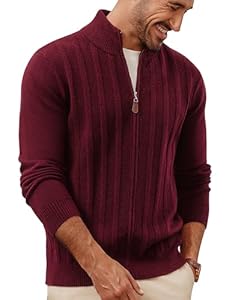 PJ PAUL JONES Strickjacke Herren mit Reissverschluss und Stehkragen Streifen Cardigan Rotwein XL