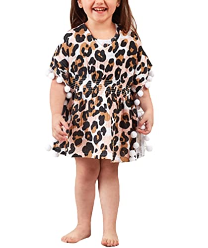 Baby Girls Swim Cover Up Swimsuit Coverup Pompom Tassel Sundress Summer Beach Tops Rash Guard (2-3 T, Leopard Brown) #TOP1