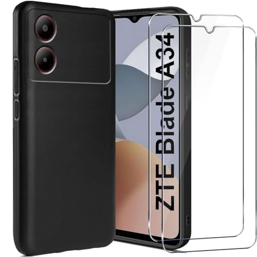 LYJERRY Custodia Per ZTE Blade A34 + 2Pcs Pellicola Vetro Temperato Per ZTE Blade A34 Protettiva Leggero Protector TPU Cover Silicone di gomma Phone Case 9H Vetro Protettiva,Nero
