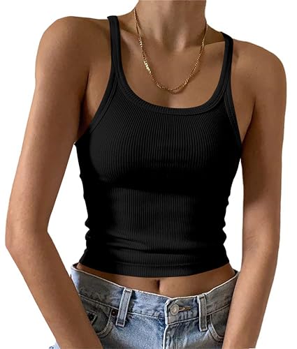 DUOEASE Top Schwarz Damen Sleeveless Crop Top Schwarz U-Ausschnitt Sommer Basic Oberteile Sexy – Vignette