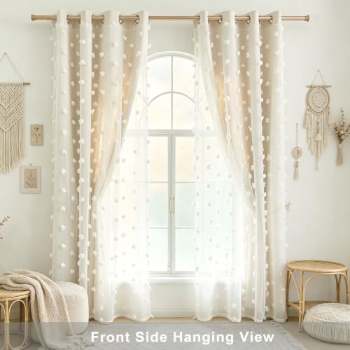 Image of Beige Room Darkening Curtain for Girls Nursery Bedroom 52x63 Inch | 80% Blackout Double Layer Curtains with Pom Pom Sheer Overlay, Grommet Privacy Drapes for Toddler Bedroom Decor, 2 Panels