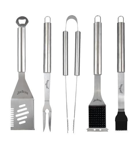 Jim Beam® 5 Piece Stainless Steel BBQ Tool Set - 2-Prong Fork, 4-in-1 Spatula, Grilling Tongs, Basting Brush, Extra Long Handles by Jim Beam - Used condition - US$17.81