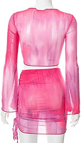 SHESEEWORLD Women's Sexy Long Sleeve 2 Pieces Sheer Mesh Cover Up Dress Crop Top Bodycon Ruched Y2K Mini Skirt Sets - Image 7