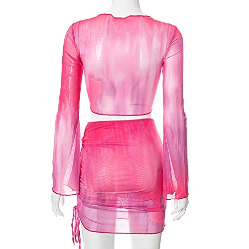 Image of Women's Sexy Long Sleeveless 2 Piece Sheer Mesh Cover Up Dress Crop Top Bodycon Ruched Mini Skirt Sets