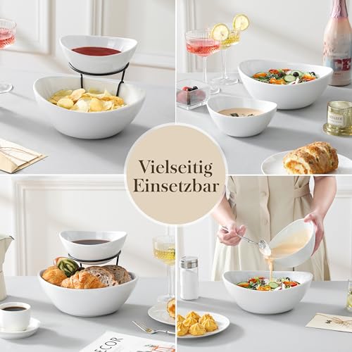 MALACASA Obstschale Etagere mit 2 Etagen, Servierschüssel aus Keramik, Salatschüssel mit Dip-Schale & Metallgestell für Party Buffet, Vielseitiges Servierset für Salat/Obst/Snacks/Gemüse, Weiß