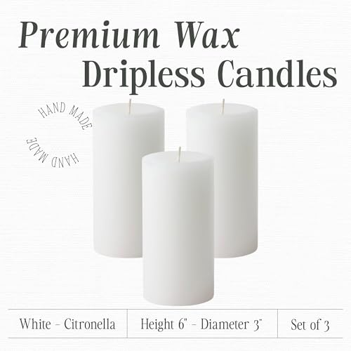 Mister Candle Citronella Candles, Ideal for Outdoor & Indoor, 3x6 Pillar Candles Set of 3, Hand Poured White, Premium Wax & Dripless, 60 Hour Burn Time
