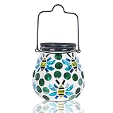 Mosaic Solar Light Outdoor Hanging Lantern - Bee Theme Jar Lantern Waterproof Table Lamp for Garden,