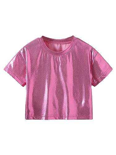Verdusa Girl's Metallic Crop Tee Top Short Sleeve Round Neck Neon Shirts Party Costume Concert Outfits