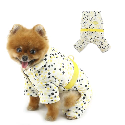 PAIDEFUL 犬服 冬 つなぎ 星柄 フリース 裏起毛 小型犬 防寒コート ジャンプスーツ 冬用 厚手ドッグウェア 4本脚 防水 防風 ペット服 猫 洋服 リード用Dリング付き,イエロー,L