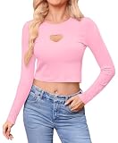 Women's Valentine's Long Sleeve Round Neck Heart Cut Out Party Stretchy Crop Top Lightweight Sexy Pink Shirt M