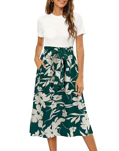 Zattcas 2025 Summer Dresses for Women Short Sleeve Ribbed Teacher Church Modest Business Casual Work Outfits Midi Dress with Pockets White Green S