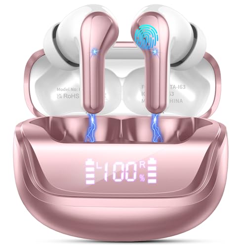Nerunsa Wireless Earbuds, Bluetooth 5.4 Headphones HiFi Stereo, 50H Playtime in-Ear Headphones with ENC Noise Cancelling Mics, IP7 Waterproof Wireless Headphones, Earbuds with LED Display, Pink