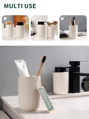 Image of Bosilunlife Soap Dispenser and Toothbrush Holder Set - 11Oz Foam Soap Dispenser Pump Ceramic Bathroom Counter Soap Toothbrush Holder Set Beige Bathroom Accessories Set