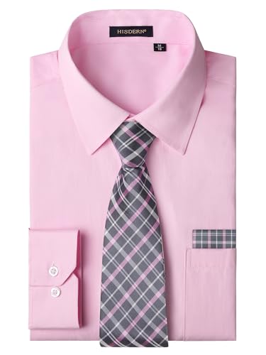 HISDERN Mens Long Sleeve Shirt and Tie Set Pink Button Down Shirts with Pocket for Wedding Business Office Formal Regular Fit,S
