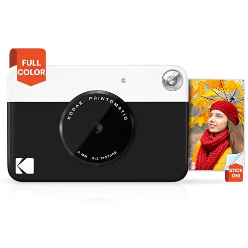 KODAK Printomatic Cámara digital instantánea - Fotos de calidad en papel fotográfico adhesivo Zink 2x3' - 5MP, portátil, regalo creativo para cumpleaños, Navidad, fiestas - Negro