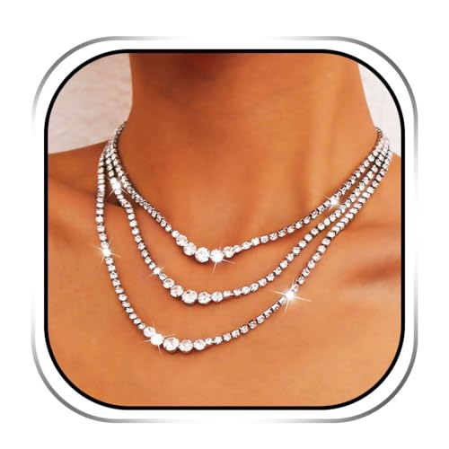 Sixexey Layered Rhinestone Necklaces Silver Crystal Necklace Chains Sparkly Party Necklace Jewelry for Women