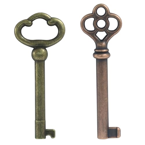 Aoserge Skeleton Key Set of 2pcs KY-2AB and KY-3AB Retro Antique Brass Old Keys for Vintage Furniture Cabinets and Doors Perfect for Adding a Touch of Classic Charm