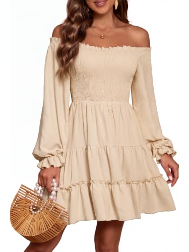 AUMORA Women's Off Shoulder Long Sleeve Smocked Flowy Short Mini Dress | Puff Sleeve Ruffle Hem A-Line Dress,Side Pockets,Square Neck,Wedding Guest Dresses,Beach Vacation Casual Dresses