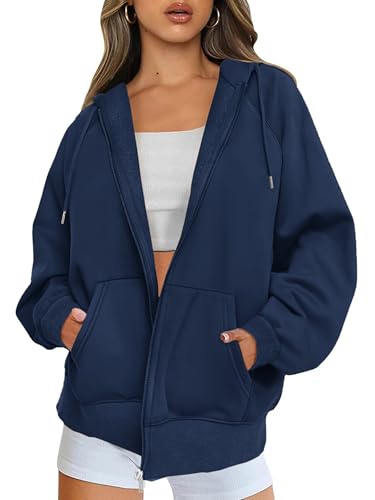 Jhsnjnr Zipped Hoodies for Women UK Long Sleeve Sweatshirt with Drawstring Oversized Hooded Fleece Jacket with Pockets Navy Blue