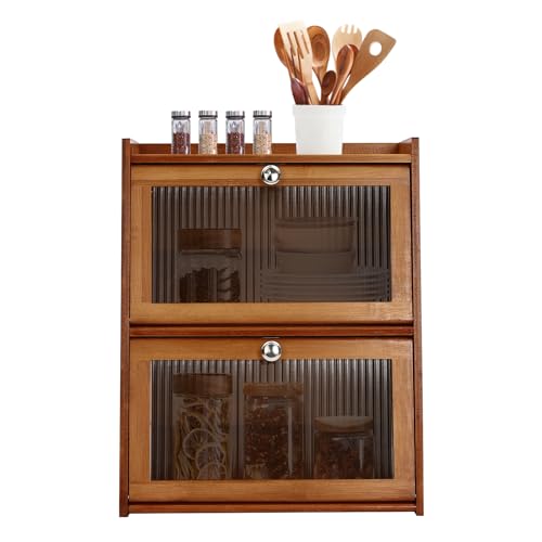 Gabinete de despensa de cocina de bambú, organizador de especias de 3 niveles con puertas acrílicas, almacenamiento independiente para botellas de especias, platos y cuencos