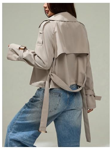 SOLY HUX Women's Double Breasted Short Trench Coat Belted Long Sleeve Lapel Collar Loose Jacket Outerwear2