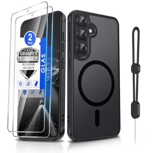 Dizn Magnetisch Hülle für Samsung Galaxy S24 Plus/S25 Plus für MagSafe & 2 Panzerglas Folie, Magnet Case mit Band, Matt Transparente HandyHülle, Militärstandard Schutz, Handyhülle S 24+/S25+,Schwarz