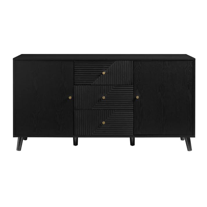 Image of Wooden Sideboard Cabinet for Living Room | Side Board Crockery Cabinet with 2 Doors & 3 Drawers Storage for Dining, Drawing and Home Office | HDMR Premium Wood & Iron(Black)