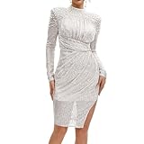 Women Long Sleeve Backless Bodycon Sequin Pearl Cocktail Prom Club Dresses Ruched Corset with Sexy Slit Sparkly Short Party Date Night Dress Silver