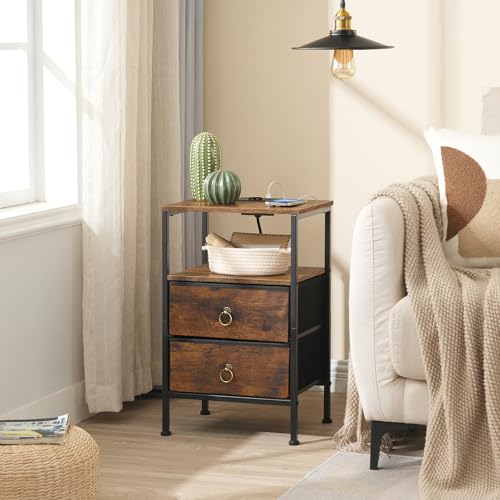 HOOBRO Mesita de Noche con Estación de Carga, Mesa Auxiliar con 2 Cajones de Tela, con 1 Enchufe y 2 Puertos USB, Mesa de Sofá Industrial para Salón, Dormitorio, Marrón Rústico y Negro EBF110CBZ01 - imagen 5