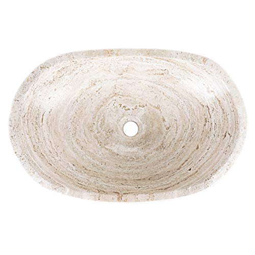 Luxurious Polished Marble Bathroom Vessel Sink, Oval Canoe Shape, 100% Natural Stone, Hand Carved, Free Matching Soap Tray (Tan Travertine) #TOP3