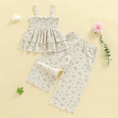 Hibabying Toddler Little Girl Clothes Sleeveless Smocked Tank Tops and Floral Long Pants Casual Spring Summer Outfits (Beige- Floral, 3-4T) by Hibabying - Image 5
