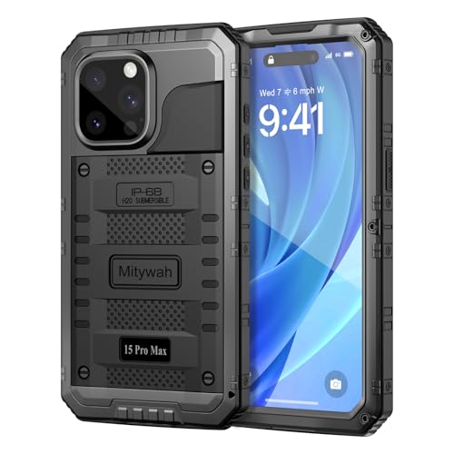 Mitywah Wateproof Case for iPhone 15 Pro Max, Heavy Duty Metal Cover for Swimming and Outdoor Adventures, Military Grade Shockproof Full Body Phone Case with Built-in Screen Protector, 6.7", Black by Mitywah - Used condition - US$19.99