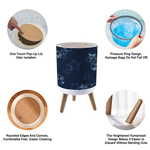Shl96Pzgx Small Trash Can With Lid Gamepad Seamless With Joystick Sign And Grunge Stars Game Waste Bin With Wood Legs Press Cover Wastebasket Round Garbage Bin For Kitchen Bathroom Bedroom Office #TOP4