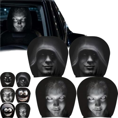 Fafcut Ghost Face Headrest Covers for Cars, 4 Pcs Scary & Funny Cartoon Car Headrest Covers, Spooky Creepy Halloween Auto Head Rest Protector with Ghost Face Mask Design, for Vehicle Truck SUV，Set h