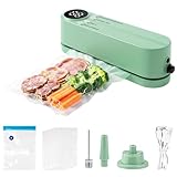 Mini Vacuum Sealer, 3 in 1 Cordless Handheld Vacuum Sealer for Dry/Moist Food Storage with 4 Snack Bags, Heat Sealer for Chip Bags, Inflation Pump for Balls/Swim Ring with 1 Needle/1 Nozzle (Green)