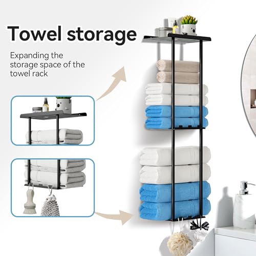 KISENG Towel Rack for Bathroom Towel Holder with Shelf & 6 Hooks Sturdy Metal 3 Tier Towel Storage Rack Wall Mounted Towel Rack for Rolled Towels Storage and Organizer, Black - Thumbnail 3