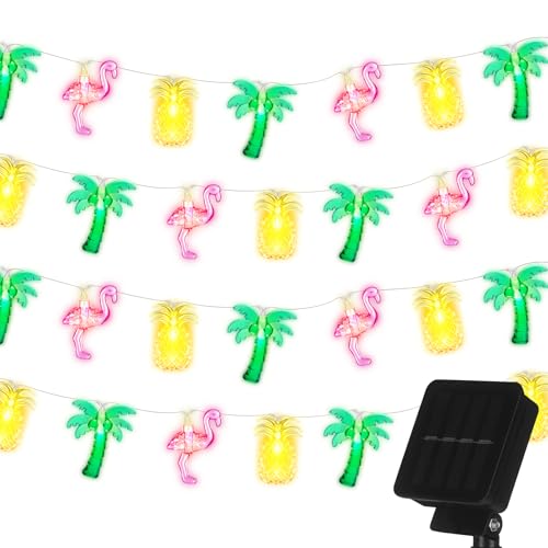 Huquary 50 LED 25ft Tropical Beach Hawaiian Solar String Lights Flamingo Pineapple Palm Tree Lights Outdoor 8 Modes Waterproof Solar Powered Decor for Hawaii Summer Tropical Pool Beach Luau Party by Huquary - Used condition - US$13.33
