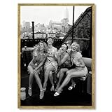 Gold Framed Black and White Canvas Wall Art Vintage New York Rooftop Woman Party Photography Feminist Poster Trendy Girls Hypebeast Painting Prints Female Artwork Bar Cart Decor 8x12inch