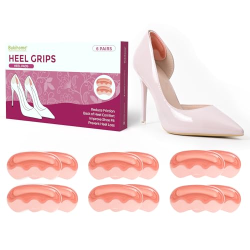 Image of Heel Pads Grips for Women Shoes - Bukihome Strong Adhesive Heel Cushion Inserts Prevent Slipping, Rubbing, Blisters, Foot Pain, Improve Shoe Fit - Heel Pad for Shoe Too Big (Pink,6 Pairs)