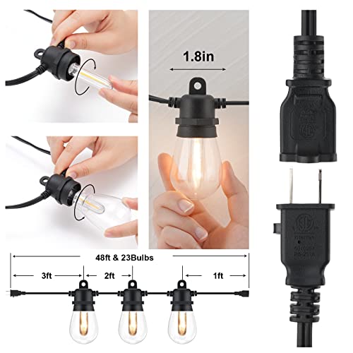 Newpow Outdoor String Lights 48Ft With 23+1 Led Bulbs, Dimmable Shatterproof Waterproof, Edison Bulb String Light For Indoor Outdoor, Vintage Warm 2700K #TOP4