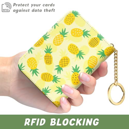 Image of Aiawoxc Credit Card Holder, Small RFID Wallet Slim Leather Card Organizer Case with Zipper and Keychain, Pineapples