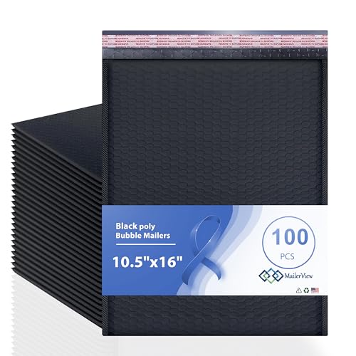 Black 10.5x16 Inch Large Poly Bubble Mailers #5 | Padded Envelopes with Self Seal | Air Lined Cushioned Bubble Mailer | Usable Size 10.5x15 | 100 Pack Bulk | Lightweight shipping Bags | Made in USA