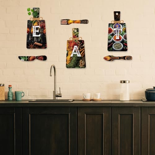 PH PandaHall 6pcs Wood Eat Sign, Eat Love Enjoy Kitchen Wall Decor Wood Sign Cutting Board Fork and Spoon Kitchen Wall Hanging Plaques Farmhouse Board for Home Dining Living Room Bar Cafe, Multicolor by PH PandaHall - Image 5