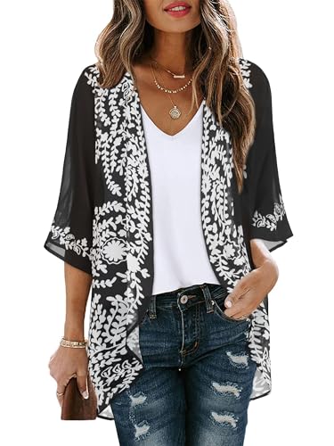Women's Floral Kimono Cardigan Cover Up Casual Tops,C Black Flower,3XL